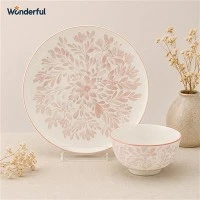 ピンクの花柄プリントセラミック食器セット-卸売